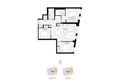 Floor plan for 3 beds, 2 baths, 982 sqft